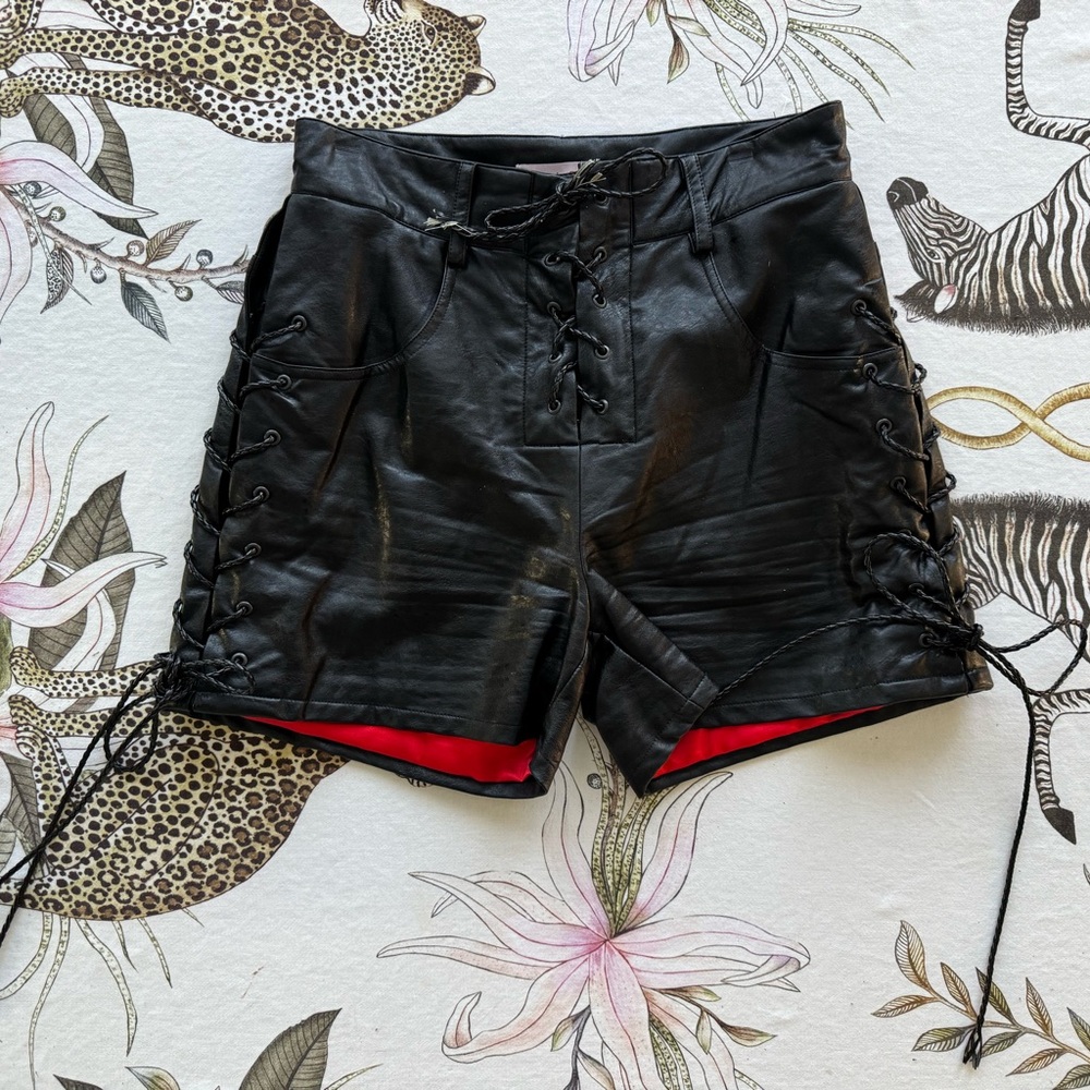 Black Lace-Up Faux Leather Moto Shorts